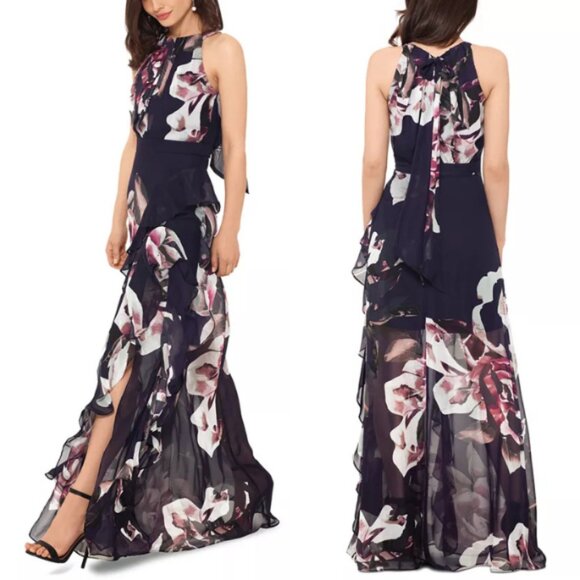 Betsy & Adam Floral Ruffled Chiffon Maxi Dress Size 2